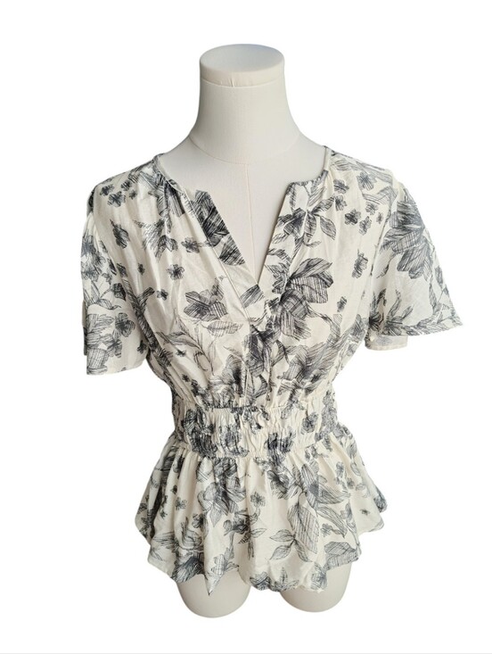 Anthropologie Tops - Mine Anthropologie White Summer Lightweight Black Toile Floral Blouse Size Large